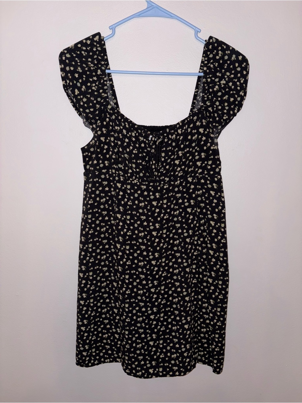 American Eagle Black Floral Square-Neck Mini Dress with Cream Accents